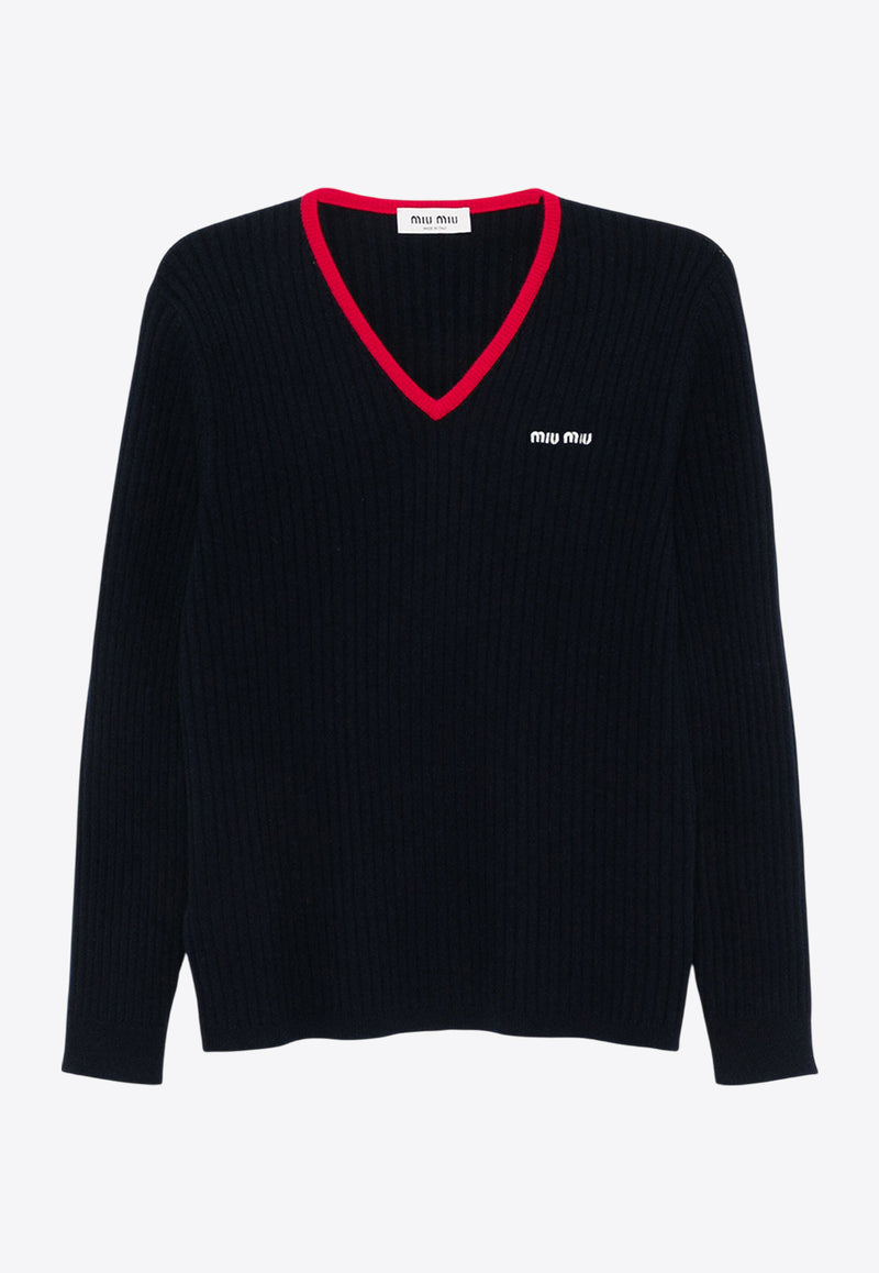 Miu Miu V-neck Cashmere Logo Sweater Navy MMLA33SOOO1580_F059F