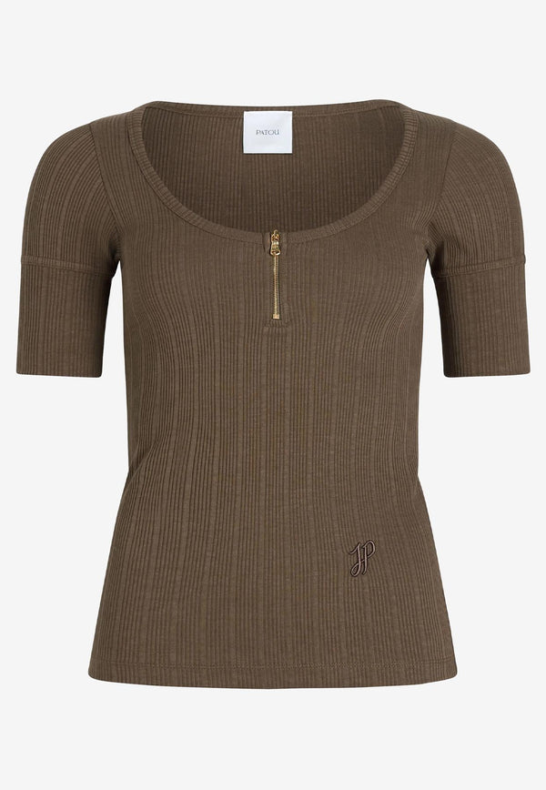 Patou Scoop-Neck Ribbed Knit Top Brown JE1489971_809B