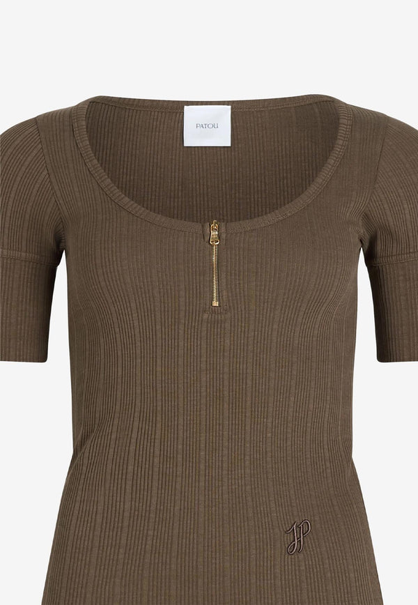 Patou Scoop-Neck Ribbed Knit Top Brown JE1489971_809B