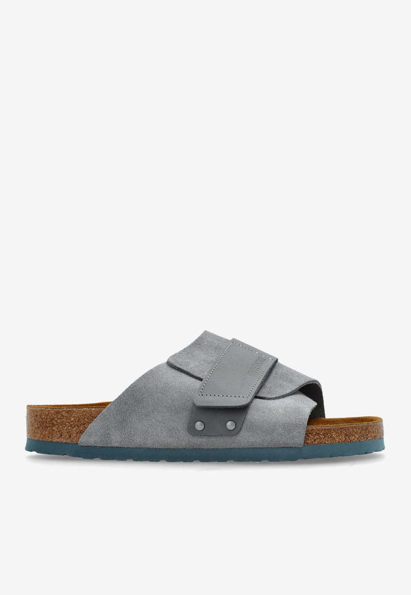 Birkenstock Kyoto Logo Embossed Mix Leather Slides Gray 1029144 0-BASALT GRAY