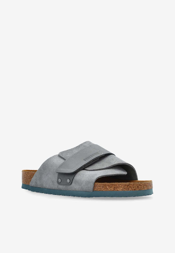 Birkenstock Kyoto Logo Embossed Mix Leather Slides Gray 1029144 0-BASALT GRAY