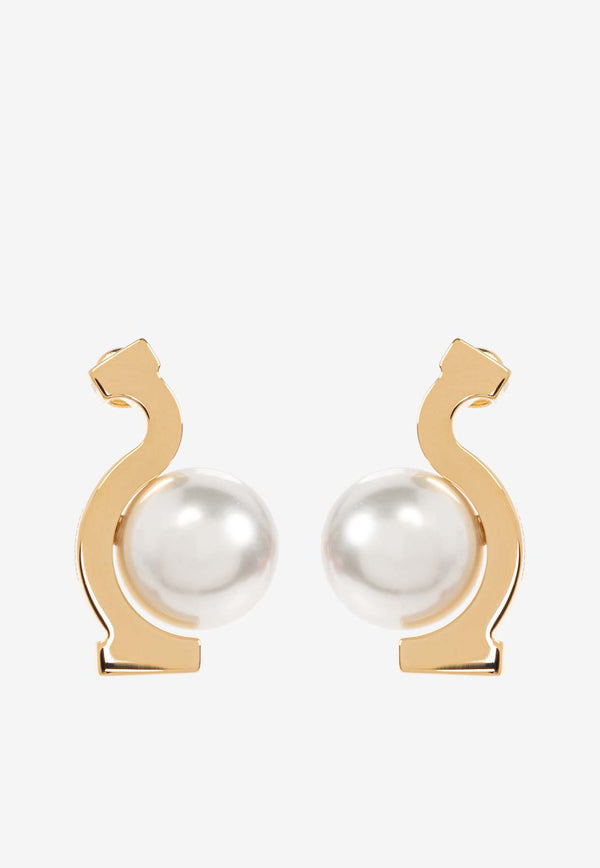 Ferragamo Gancini Pearl Drop Earrings Gold 760799 EAR ESSE PER 780370 ORO GIOVE/WHITE