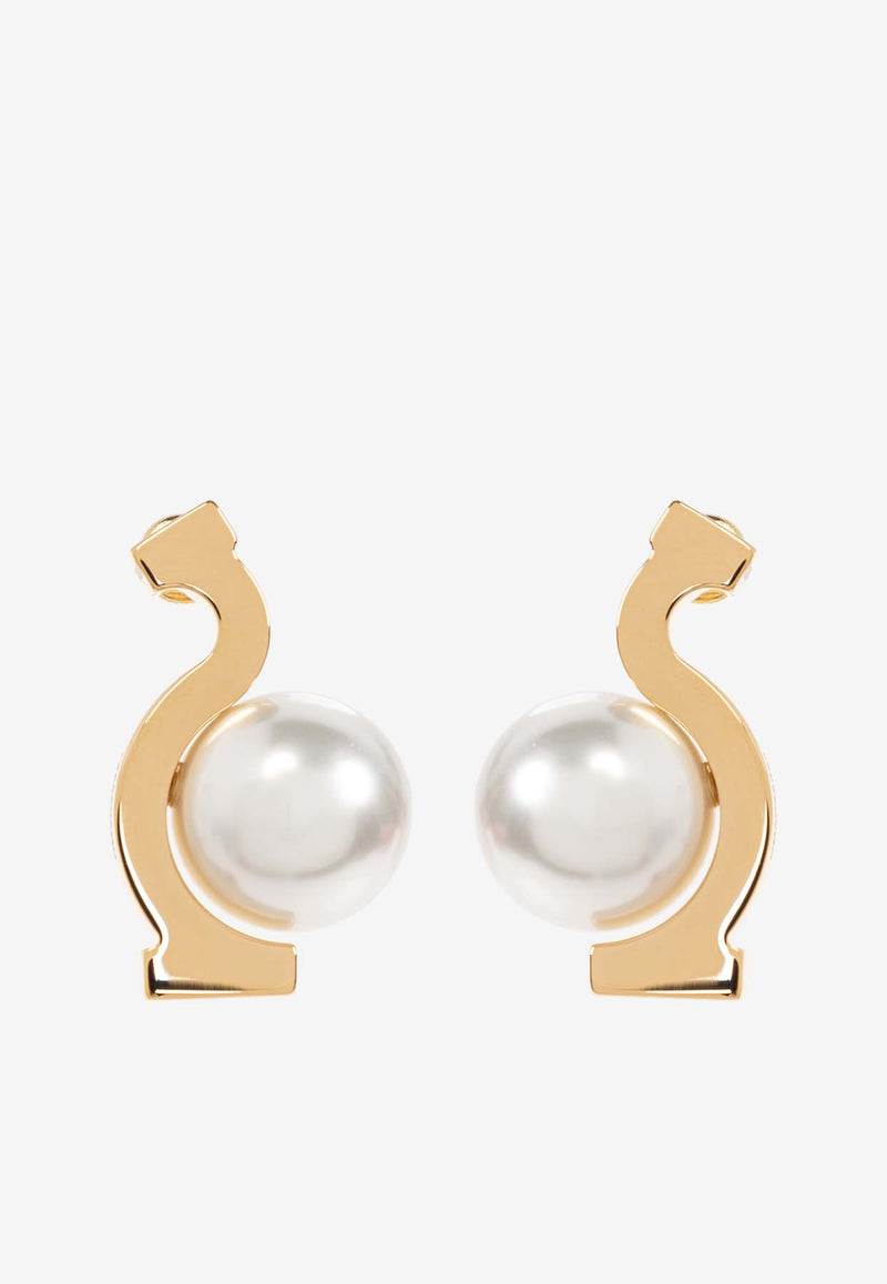 Ferragamo Gancini Pearl Drop Earrings Gold 760799 EAR ESSE PER 780370 ORO GIOVE/WHITE