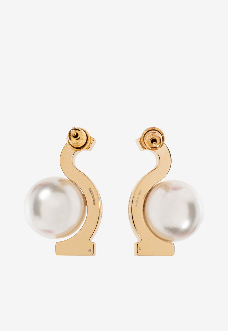 Ferragamo Gancini Pearl Drop Earrings Gold 760799 EAR ESSE PER 780370 ORO GIOVE/WHITE