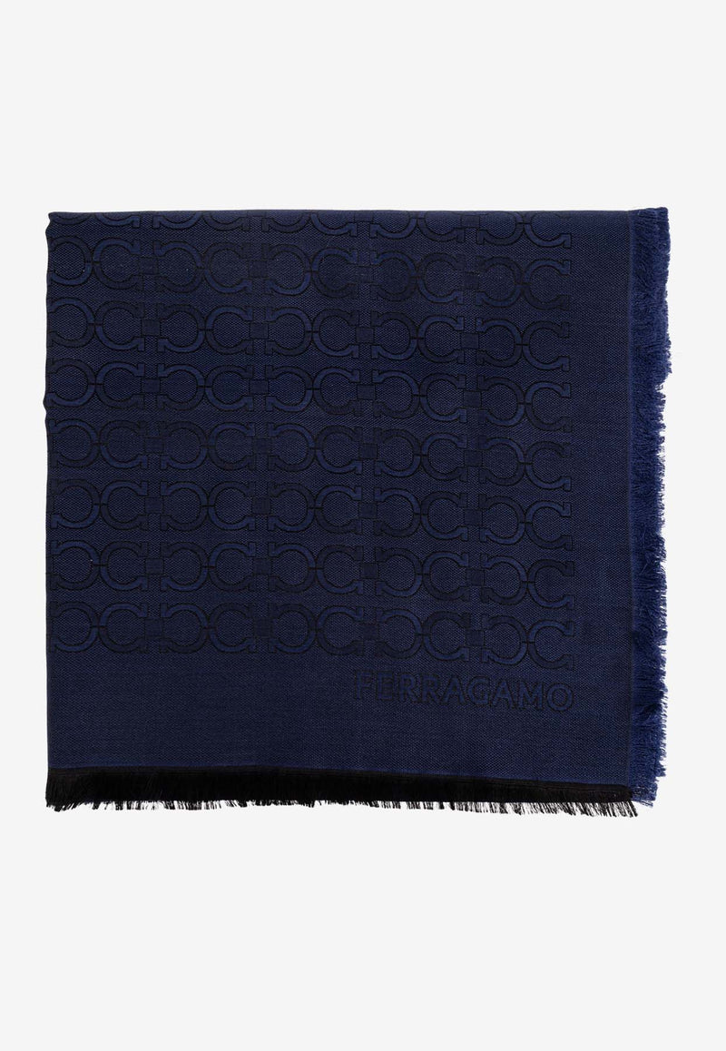 Ferragamo Gancini Jacquard Silk-Blend Scarf Navy 520129 ST ZELIG 779424 NEW NAVY