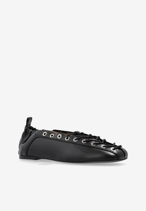Ganni Lace-Up Leather Ballet Flats S2914 4929-099