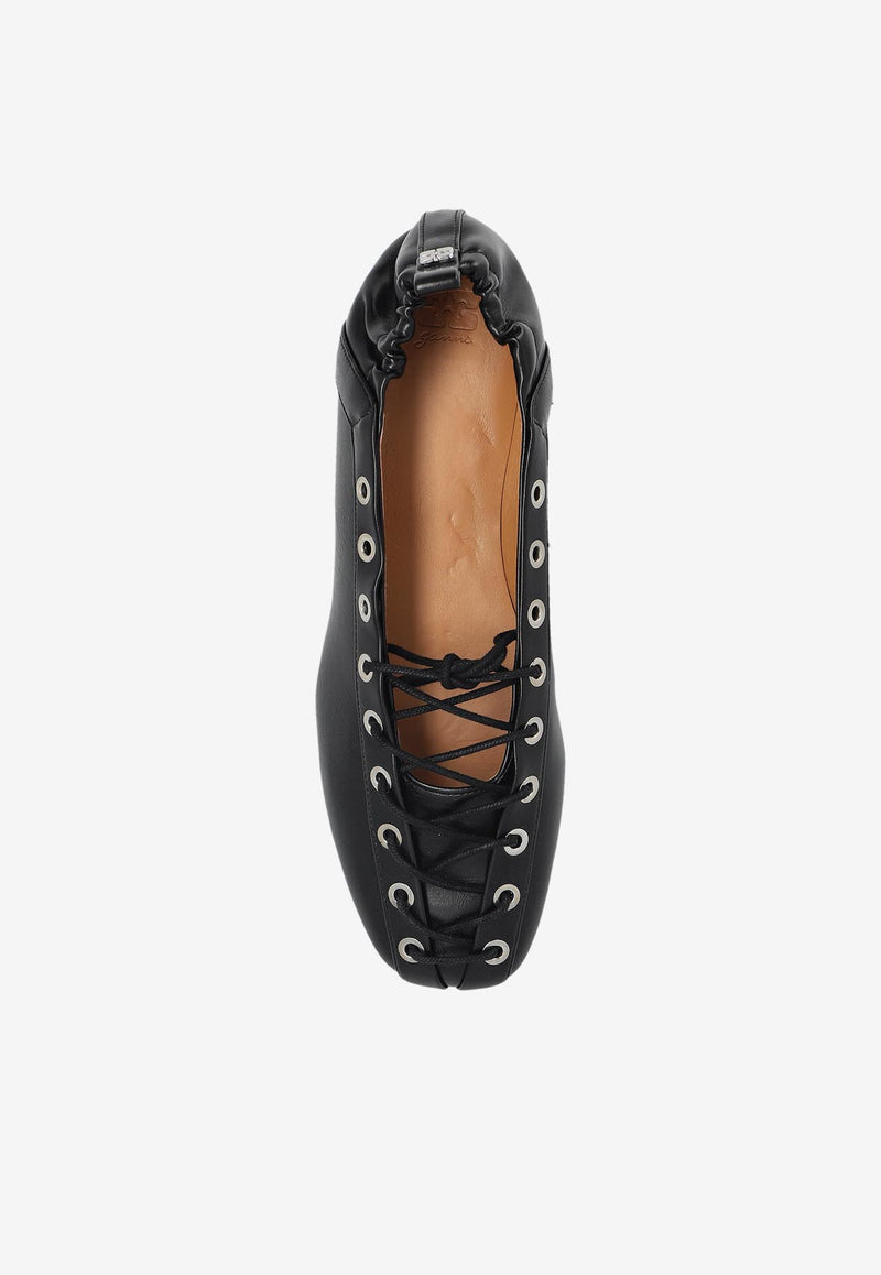 Ganni Lace-Up Leather Ballet Flats S2914 4929-099
