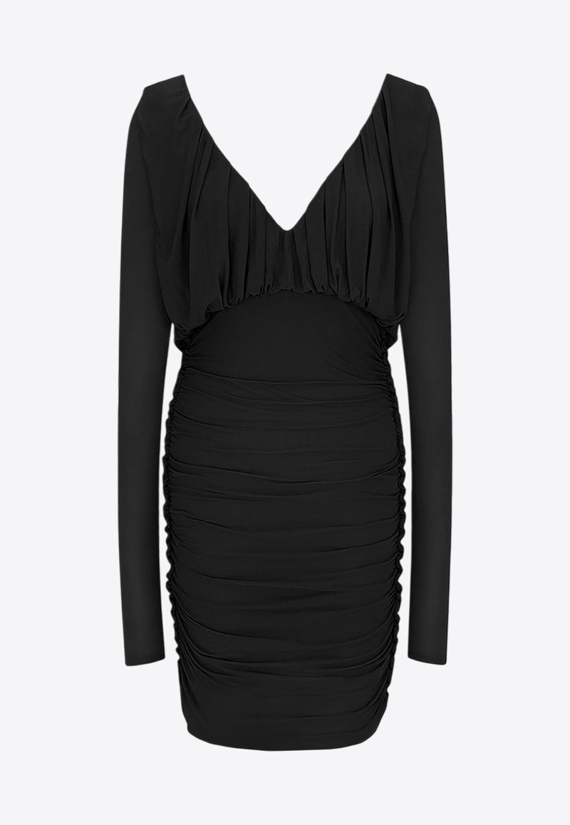 Saint Laurent V-neck Gathered Mini Dress Black 729749Y5G98_1000_Black_29850674