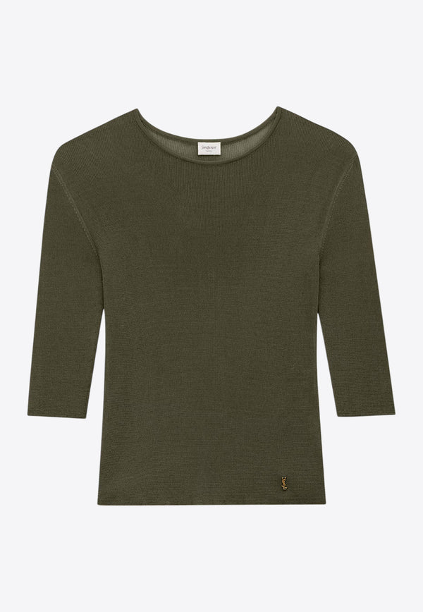 Saint Laurent Semi-Sheer Crewneck Top with Cassandre 819910Y75WA_1342_Green_30549850