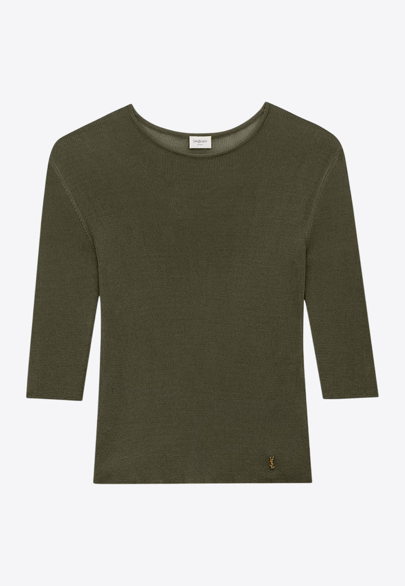 Saint Laurent Semi-Sheer Crewneck Top with Cassandre 819910Y75WA_1342_Green_30549850