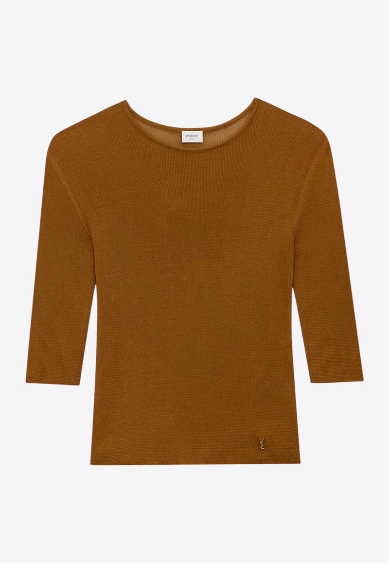 Saint Laurent Semi-Sheer Crewneck Top with Cassandre 819910Y75WA_8092_Brown_30549863