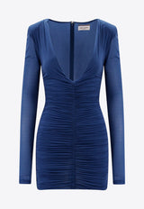 Saint Laurent Ruched Mini Dress with Deep V-Neckline 732870Y5G89_3041_Blue_29854049