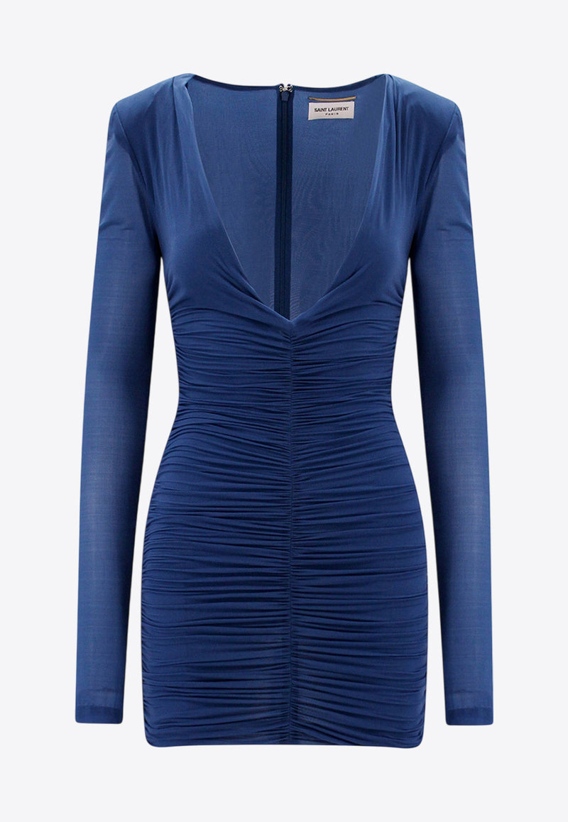 Saint Laurent Ruched Mini Dress with Deep V-Neckline 732870Y5G89_3041_Blue_29854049