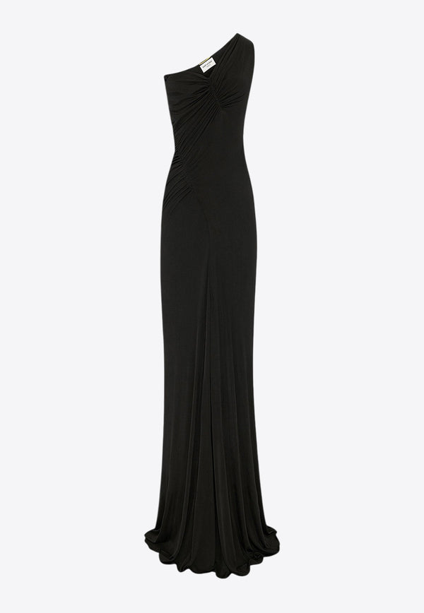 Saint Laurent One-Shoulder Ruched Maxi Dress 733150Y7F98_1000_Black_29854347