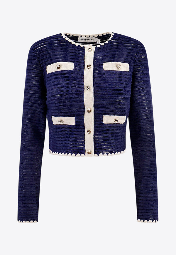 Self-Portrait Crochet Knit Cardigan with Contrasting-Edges Blue PF24131JBL_NAVY_Blue_29848041