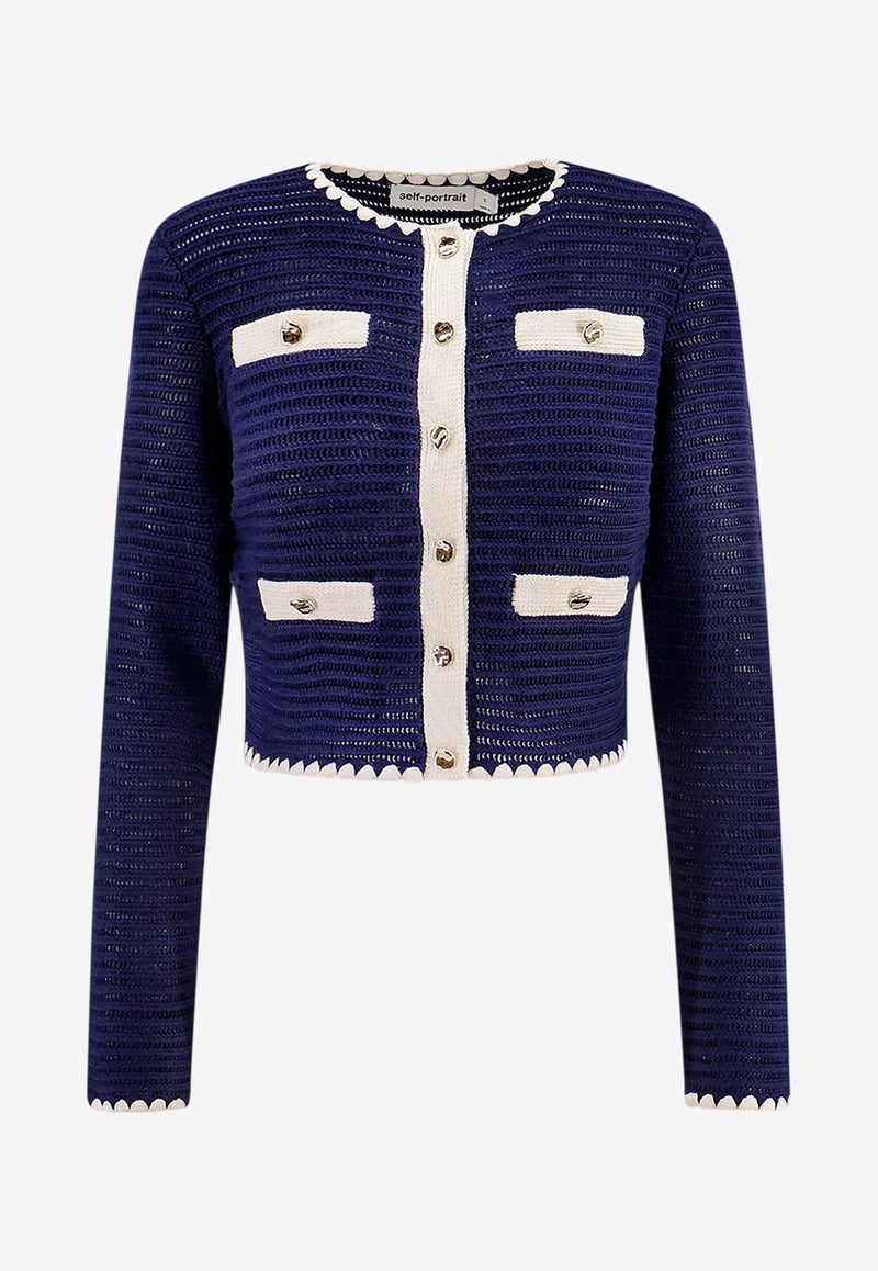 Self-Portrait Crochet Knit Cardigan with Contrasting-Edges Blue PF24131JBL_NAVY_Blue_29848041