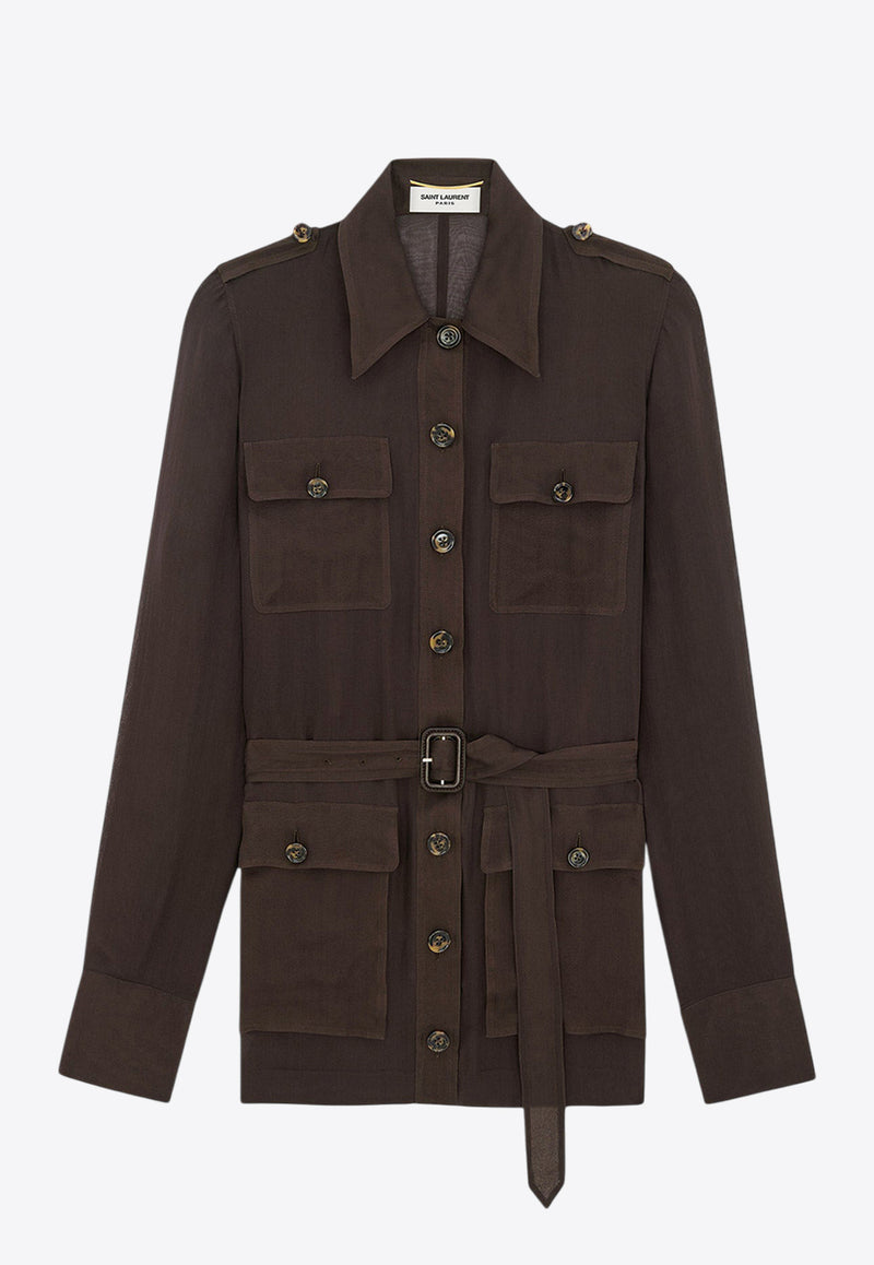 Saint Laurent Long-Sleeved Mini Utility Shirt Dress Brown 778923Y065W_2178_Brown_29853131