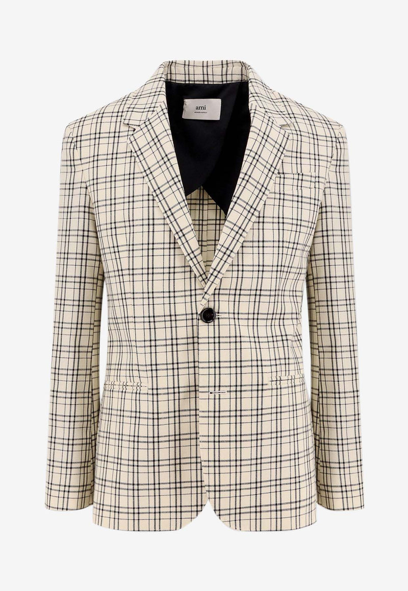 AMI PARIS Madras Check Single-Breasted Blazer Cream HBV011WV0074_1360_White_29841837