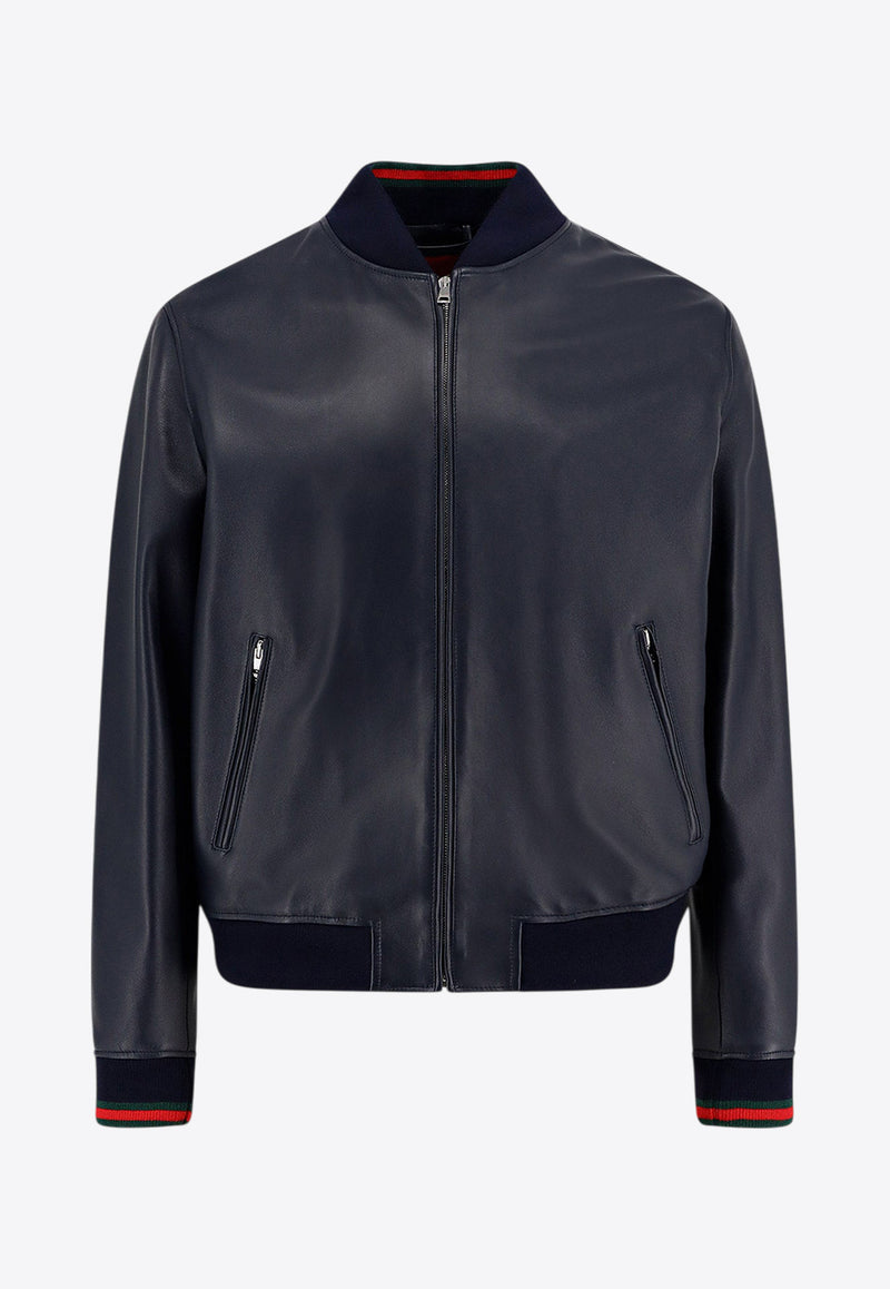 Gucci Signature Web Leather Bomber Jacket Navy 793726XNA3M4044_BLU NAVY/V-ROSSO-V_29854053