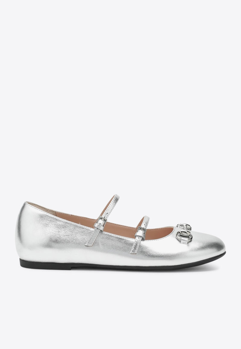 Gucci Kids Girls Horsebit Metallic Leather Ballet Flats Silver 834355BMP00/R_GUC-8106