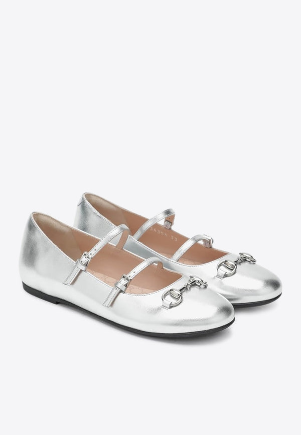 Gucci Kids Girls Horsebit Metallic Leather Ballet Flats Silver 834355BMP00/R_GUC-8106