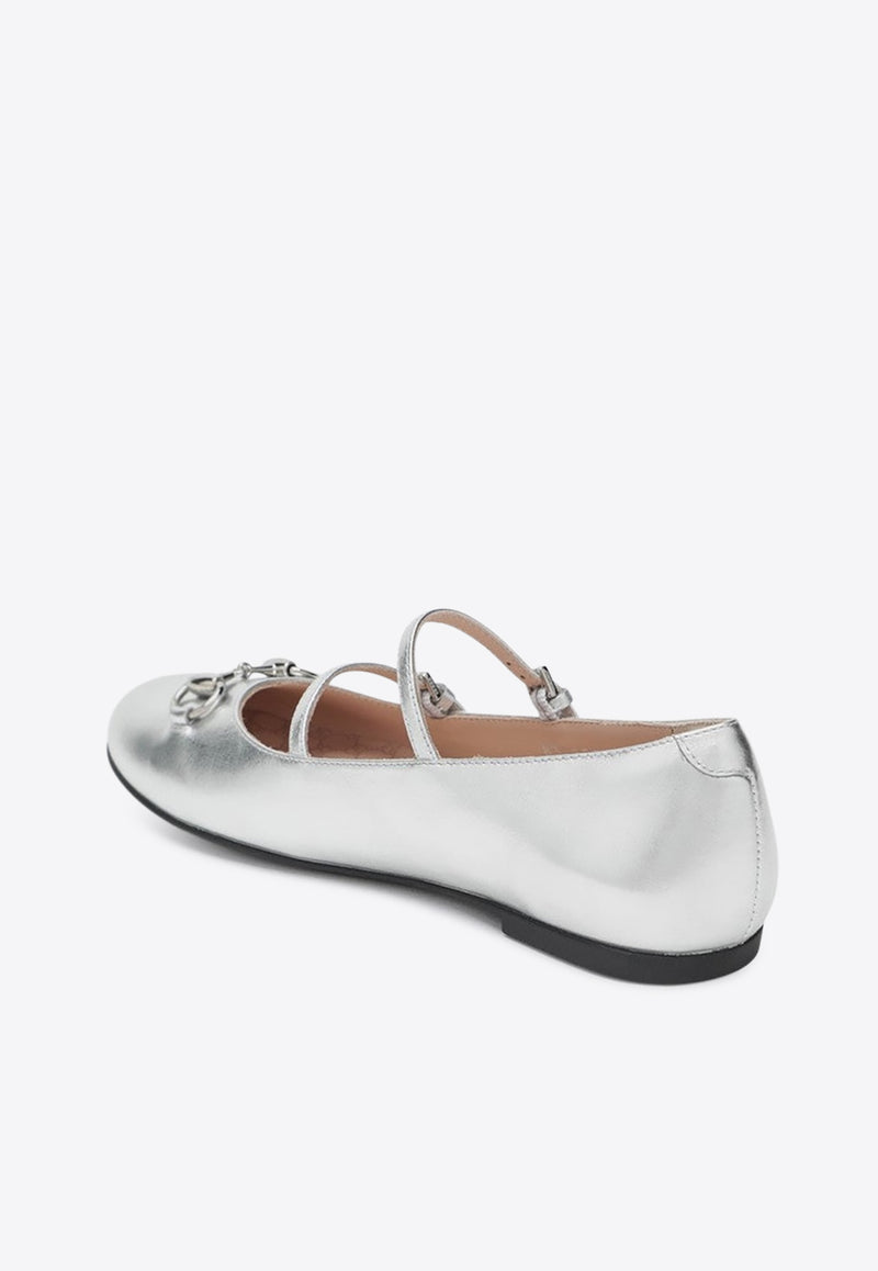 Gucci Kids Girls Horsebit Metallic Leather Ballet Flats Silver 834355BMP00/R_GUC-8106