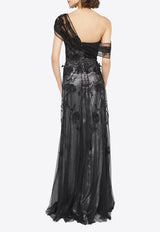 Theia Lenora Petal Embroidered One-Shoulder Gown Black 88112221_BLACK MULT