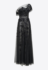 Theia Lenora Petal Embroidered One-Shoulder Gown Black 88112221_BLACK MULT
