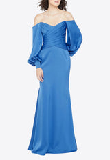 Theia Milenia Off-Shoulder Satin Draped Gown Blue 88113098_BLUE