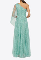 Theia Carol One-Shoulder Sequined Tulle Gown Azure 88113145_AQUA