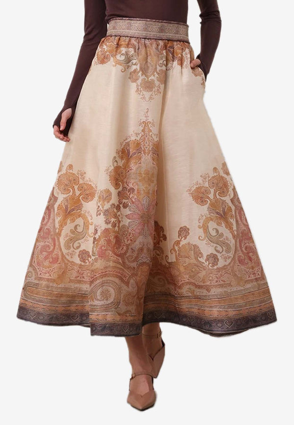 Zimmermann Illustration Paisley Print Midi Skirt Beige 9095SF241CREAM