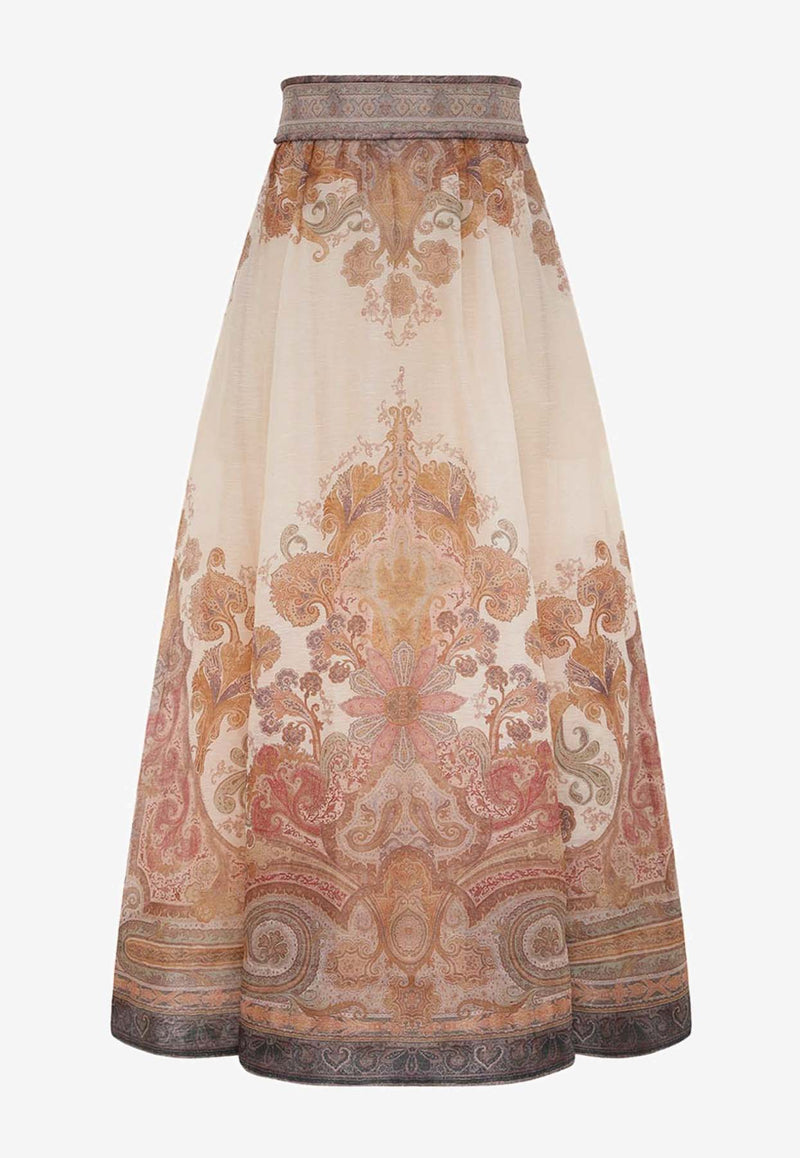 Zimmermann Illustration Paisley Print Midi Skirt Beige 9095SF241CREAM