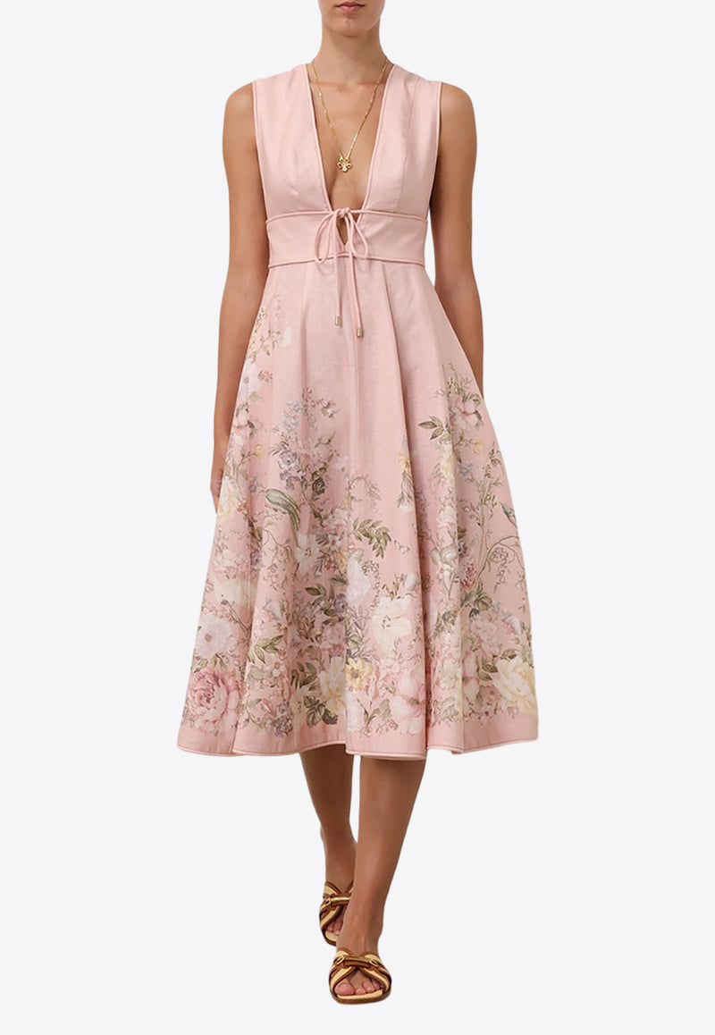 Zimmermann Waverly Plunge Floral Midi Dress Pink 9331DSS243PINK