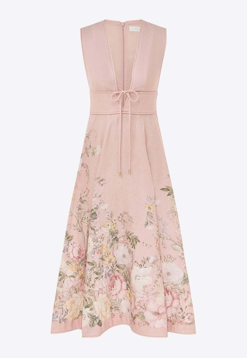 Zimmermann Waverly Plunge Floral Midi Dress Pink 9331DSS243PINK