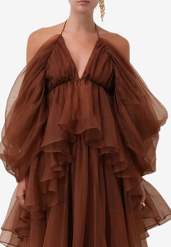 Zimmermann Natura Off-Shoulder Gathered Tulle Top Brown 9560TS241BROWN