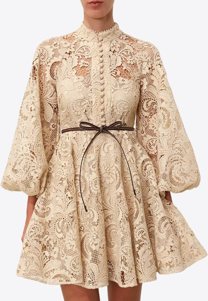 Zimmermann Waverly Lace Belted Mini Dress Taupe 9803DSS243CREAM