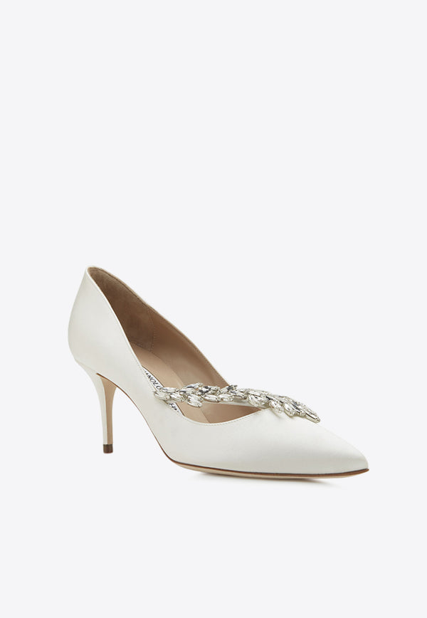 Manolo Blahnik Nadira 70 Crystal-Leaf Satin Pumps Cream 9XX-0368CREAM