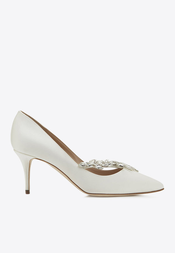 Manolo Blahnik Nadira 70 Crystal-Leaf Satin Pumps Cream 9XX-0368CREAM