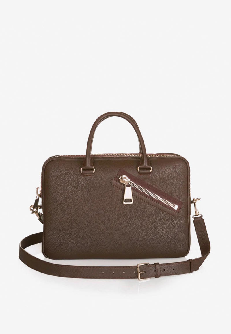 PINEL et PINEL Small Bombay Zip Taurillon Leather Briefcase Brown A-22-06647_BROWN