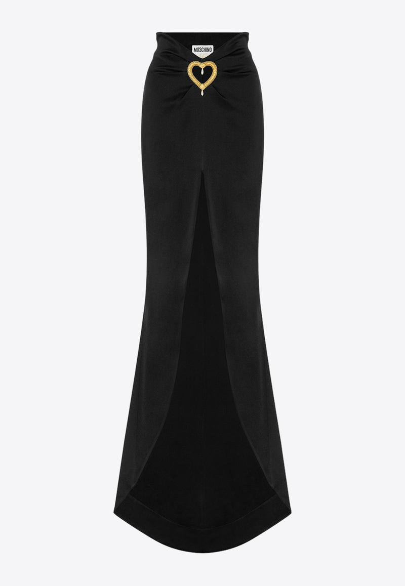 Moschino Heart Embroidery Envers Maxi Skirt in Satin A0103 0433 0555 Black