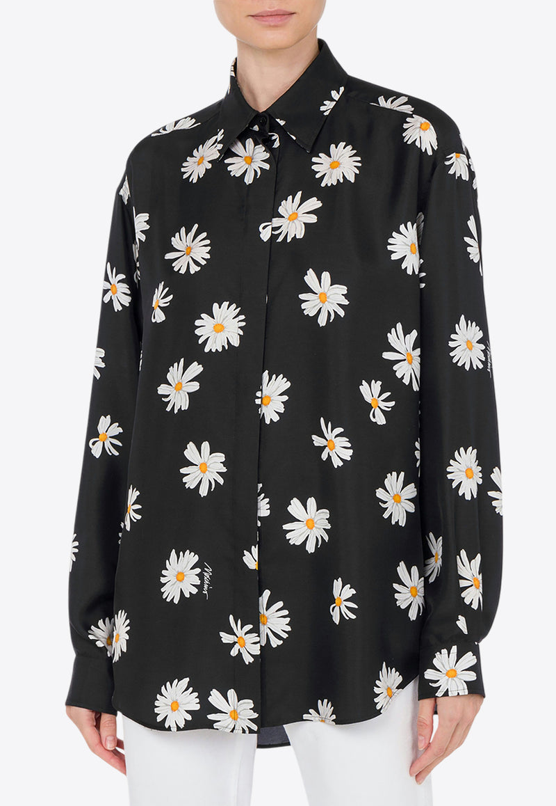 Moschino All-Over Daisy Print Silk Twill Shirt Black A0225 0561 1555