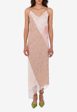 Moschino Jacquard Patchwork V-neck Silk Midi Dress Pink A0403 5535 2169