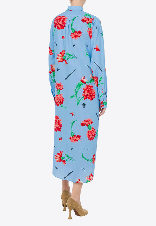Moschino Carnation Print Knotted Midi Shirt Dress Blue A0434 0563 1293