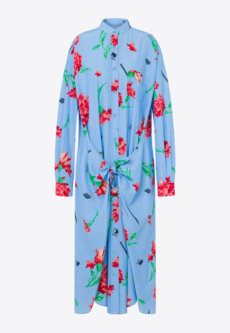 Moschino Carnation Print Knotted Midi Shirt Dress Blue A0434 0563 1293