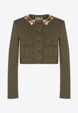Moschino Floral Applique Cropped Jacket A0518 0420 2440 Military Green