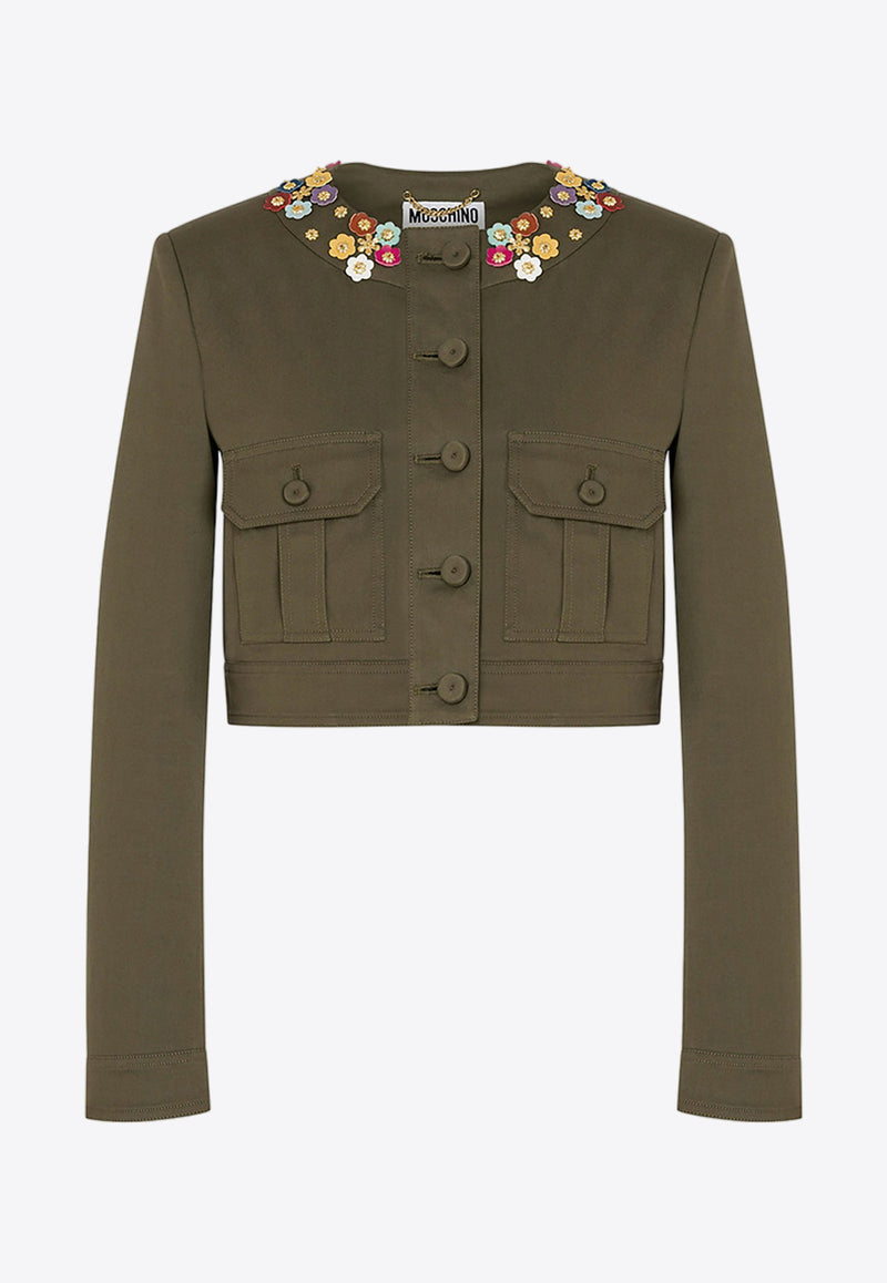 Moschino Floral Applique Cropped Jacket A0518 0420 2440 Military Green