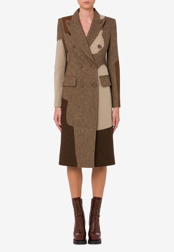 Moschino Patchwork Double-Breasted Long Coat Brown A0602 5514 2092