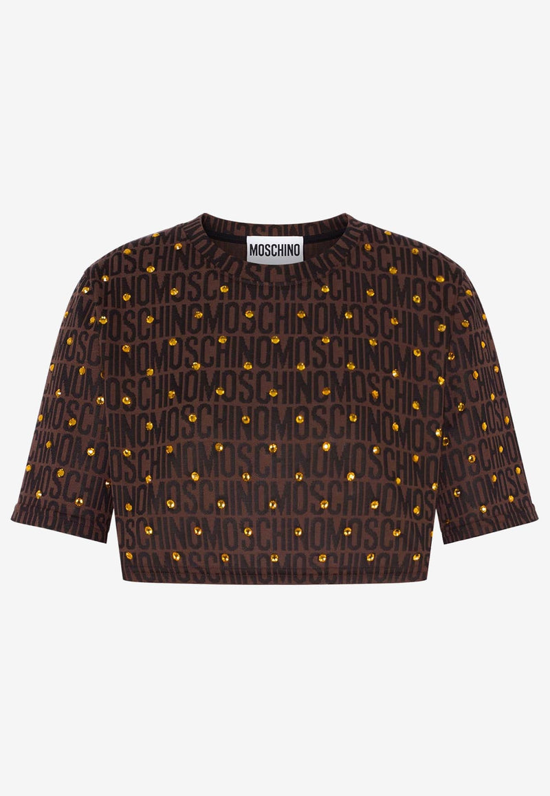 Moschino All-Over Logo Cropped T-shirt with Rhinestones Brown A0704 7745 2103