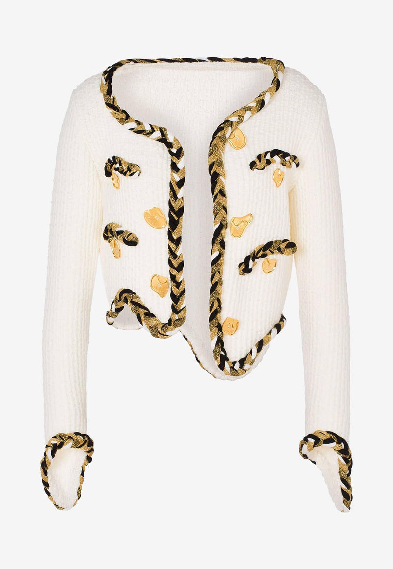 Moschino Asymmetric Wool Cardigan with Braided Piping White A0903 5401 0002