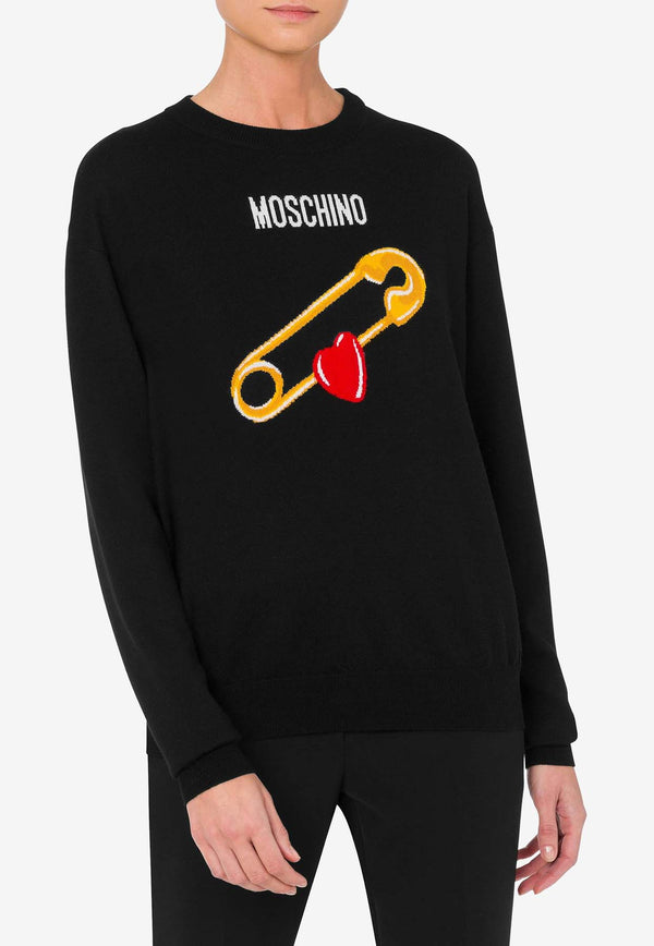 Moschino Heart Safety Pin Wool Sweater A093355023555 3555 Black